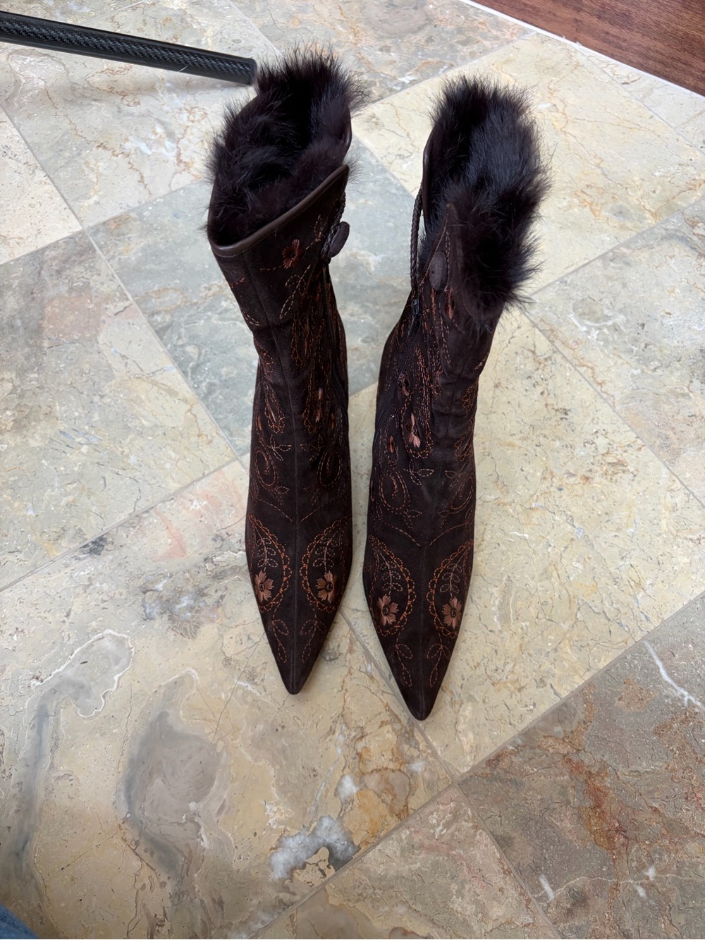 Richard Tyler Dark Brown Embroidered Pointed-Toe Fur-Trim Boots